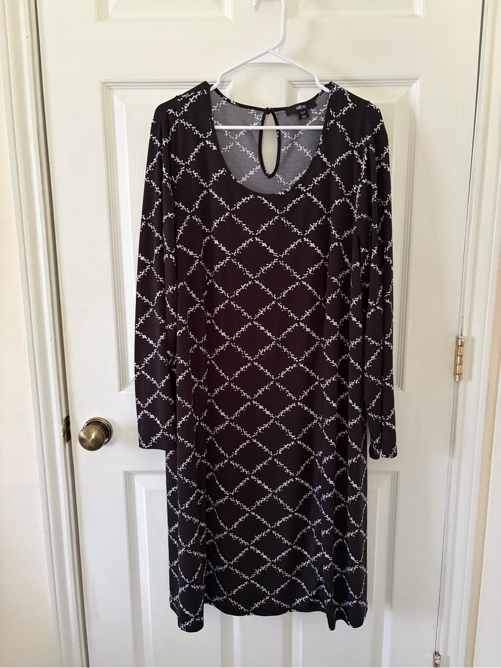 ellos Dark Navy and White Long-Sleeve Patterned Shift Dress